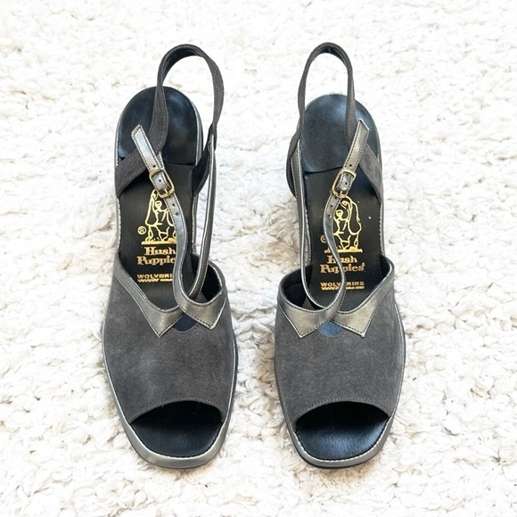 🆕 Hush Puppies suede leather open toe slingback block heels size 10 silver - Picture 3 of 8